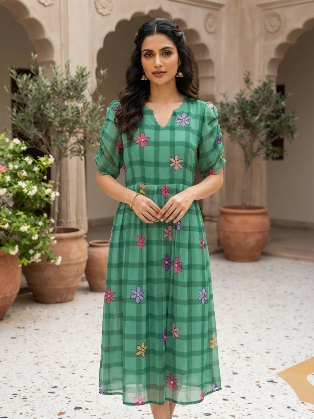 Green Floral Check Georgette maxi  Dress - Women